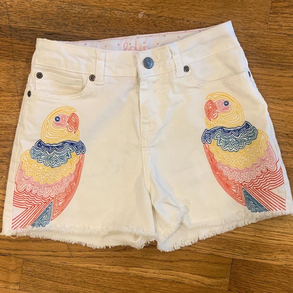 Mini Boden White Parrot Embroidered Kids Shorts